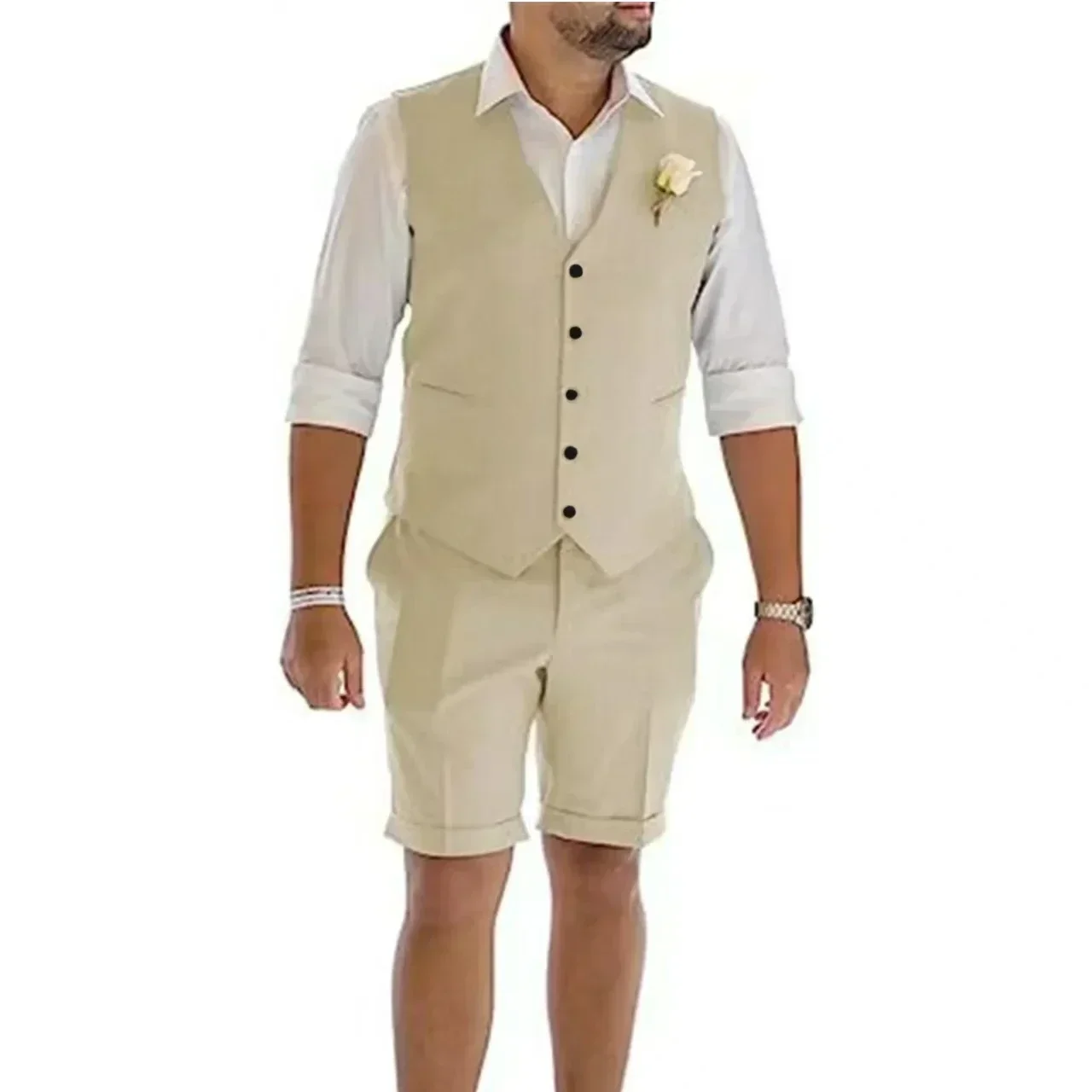 

Men's Slim Fit Linen Suit 2 Piece Vest And Short Pants Set Casual Summer Tuxedo for Beach Weddings Proms And Parties