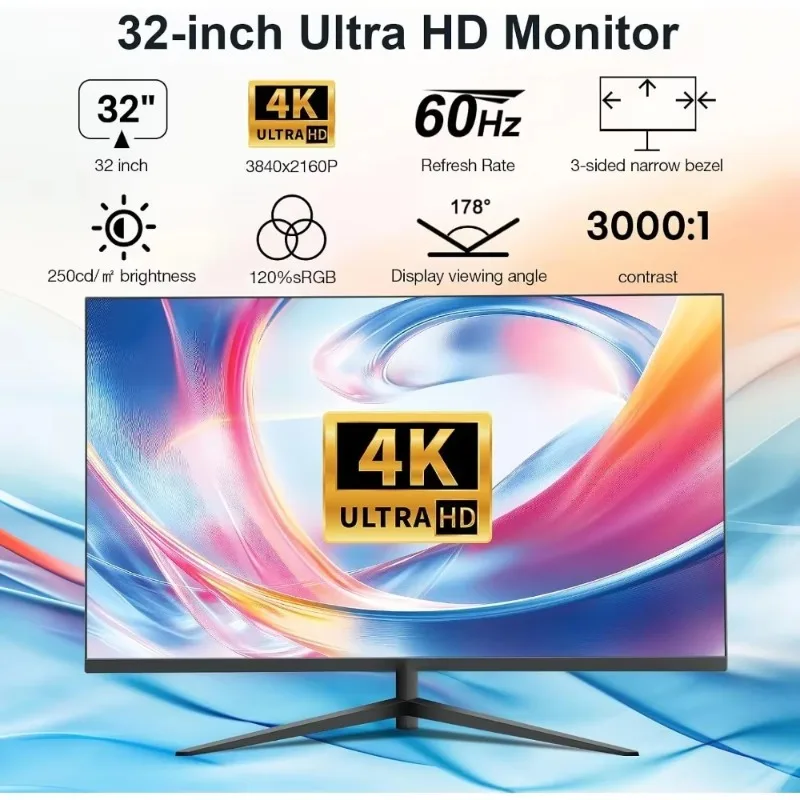 32 Inch 4K UHD Zero‑Frame IPS Monitor with Blue Light Filter and FreeSync 2