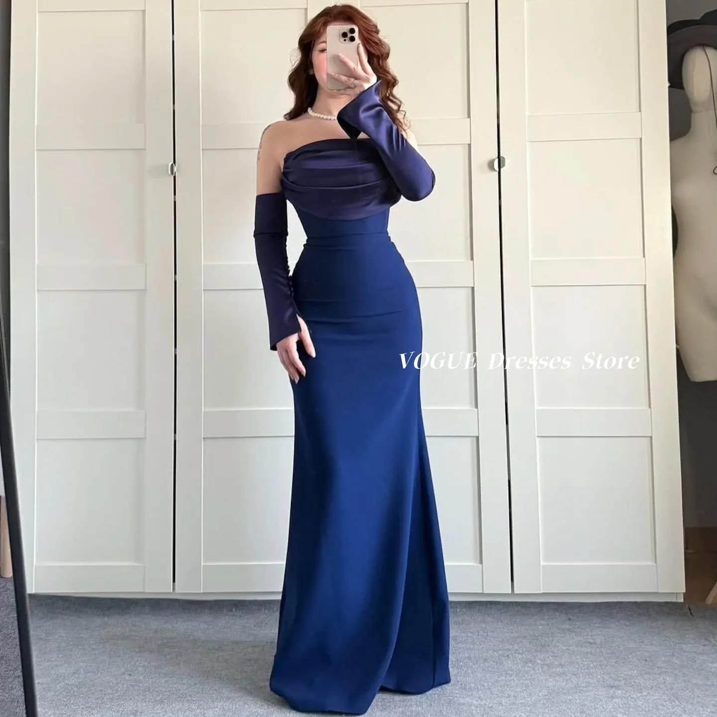 

Elegant Mermaid Evening Dresses with Sleeve Navy Blue Women Evening Party Dresses فساتين سهرة vestidos de fiesta Customized