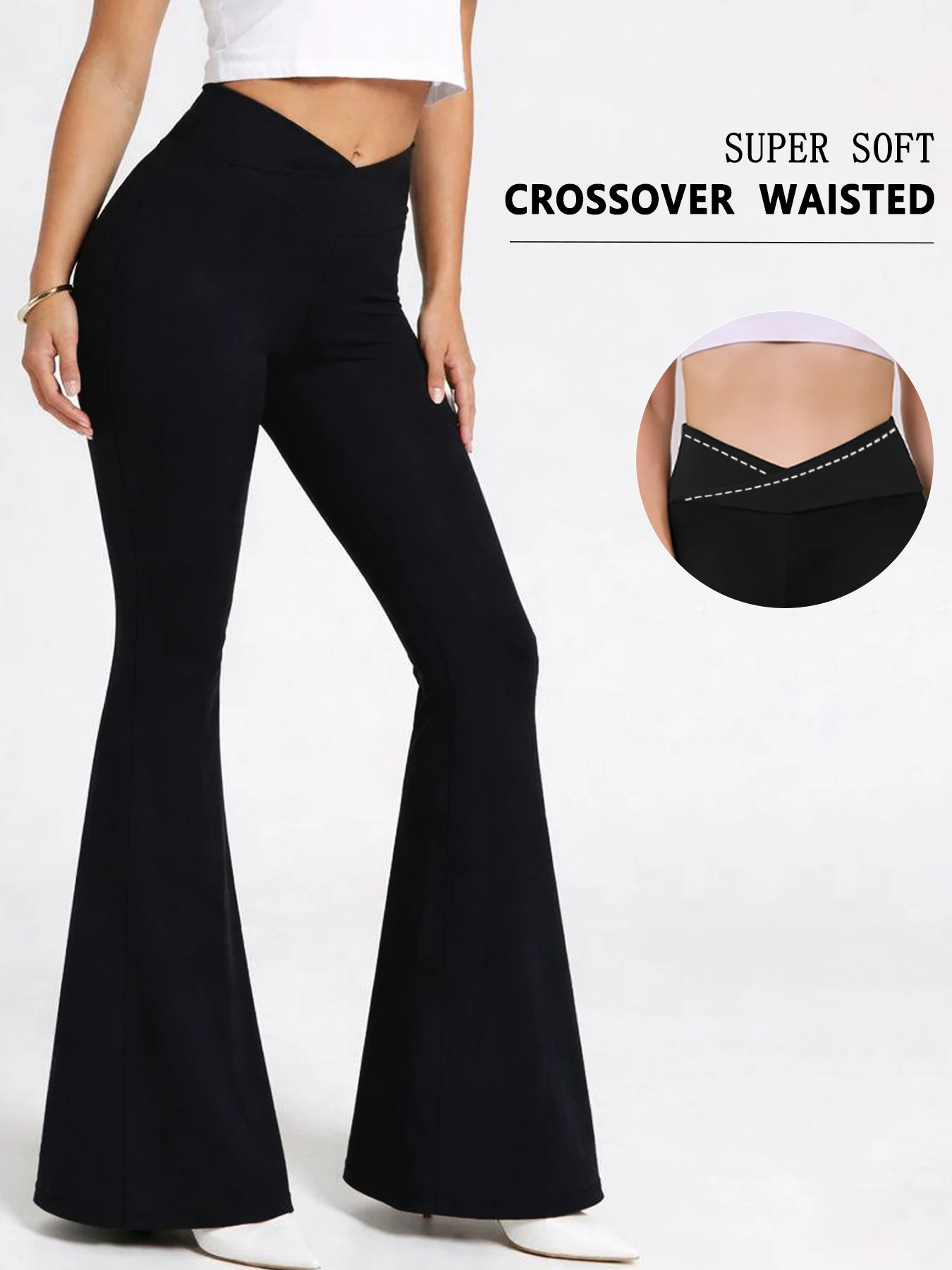 Women's Super Soft Crossover High Waisted Flare Leggings. Tummy Control Yoga Bootleg Bell Bottoms