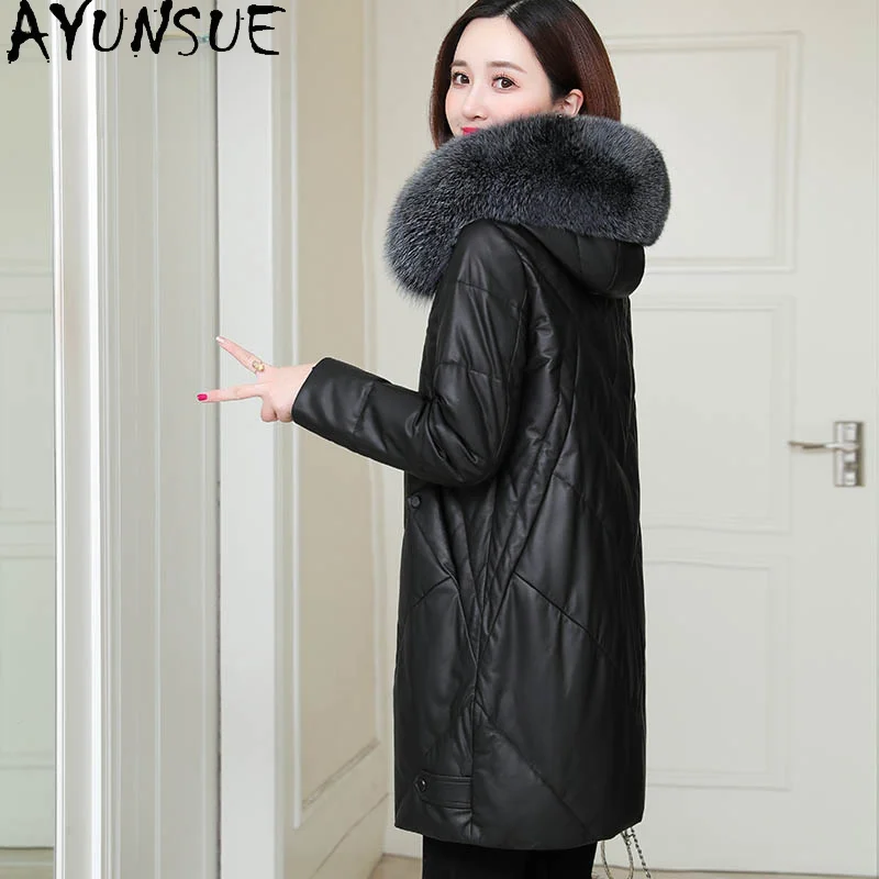 

AYUNSUE Genuine Leather Down Jacket Womens Mid-length100% Sheepskin Leather Jackets Fox Fur Collar Women Coats Hooded casaco