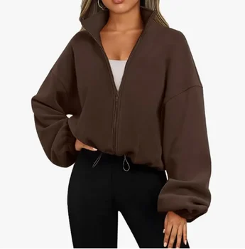 Kadın Spor Ceket Polar Astarlı Sıcak Rahat Gevşek Koşu Kırpma Üst Uzun Kollu Spor Kazak Spor Ceket Yoga Kazak