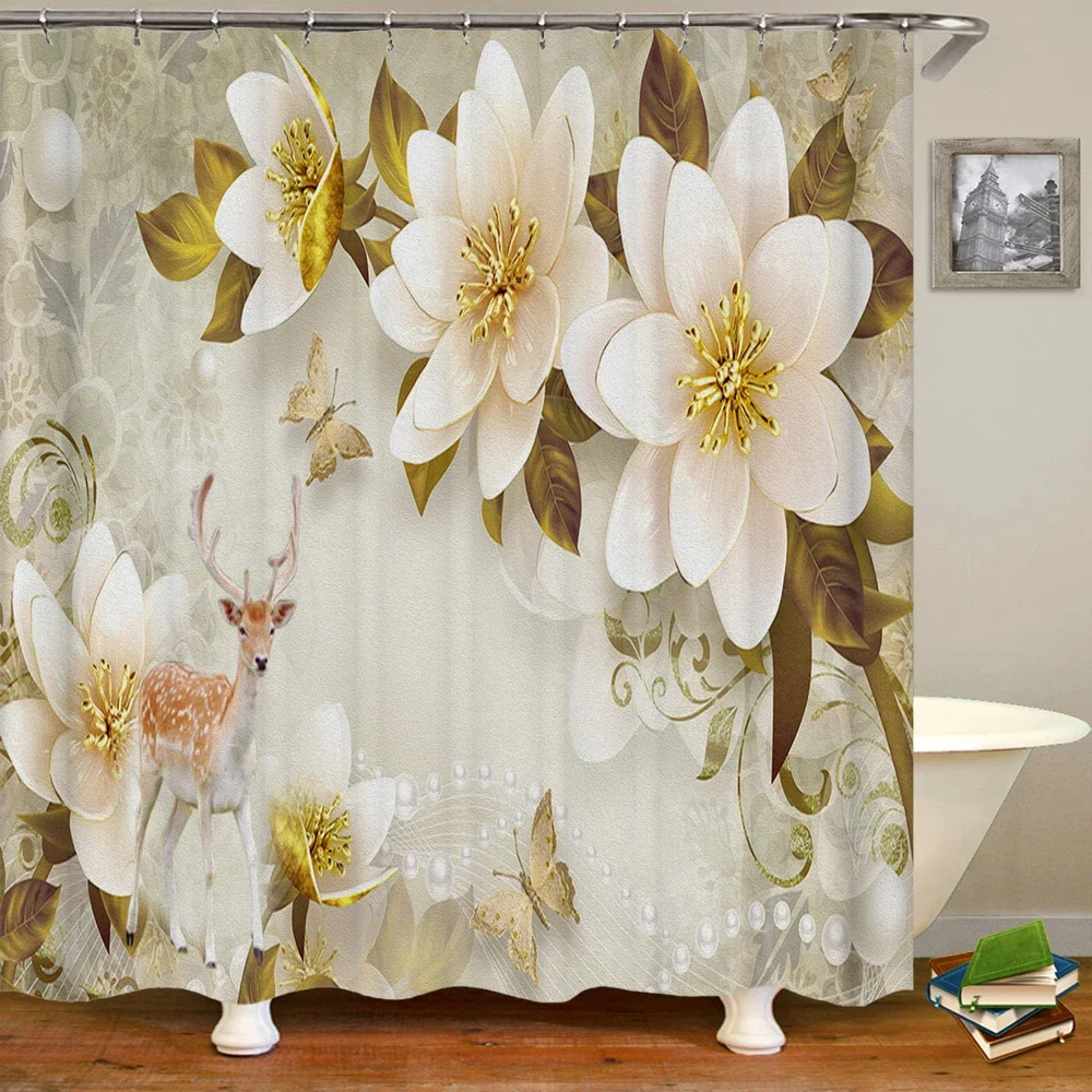 3D European Beautiful Flower Printing Bathroom Curtain Waterproof Polyester Shower Curtain Home Decoration Curtain with Hooks