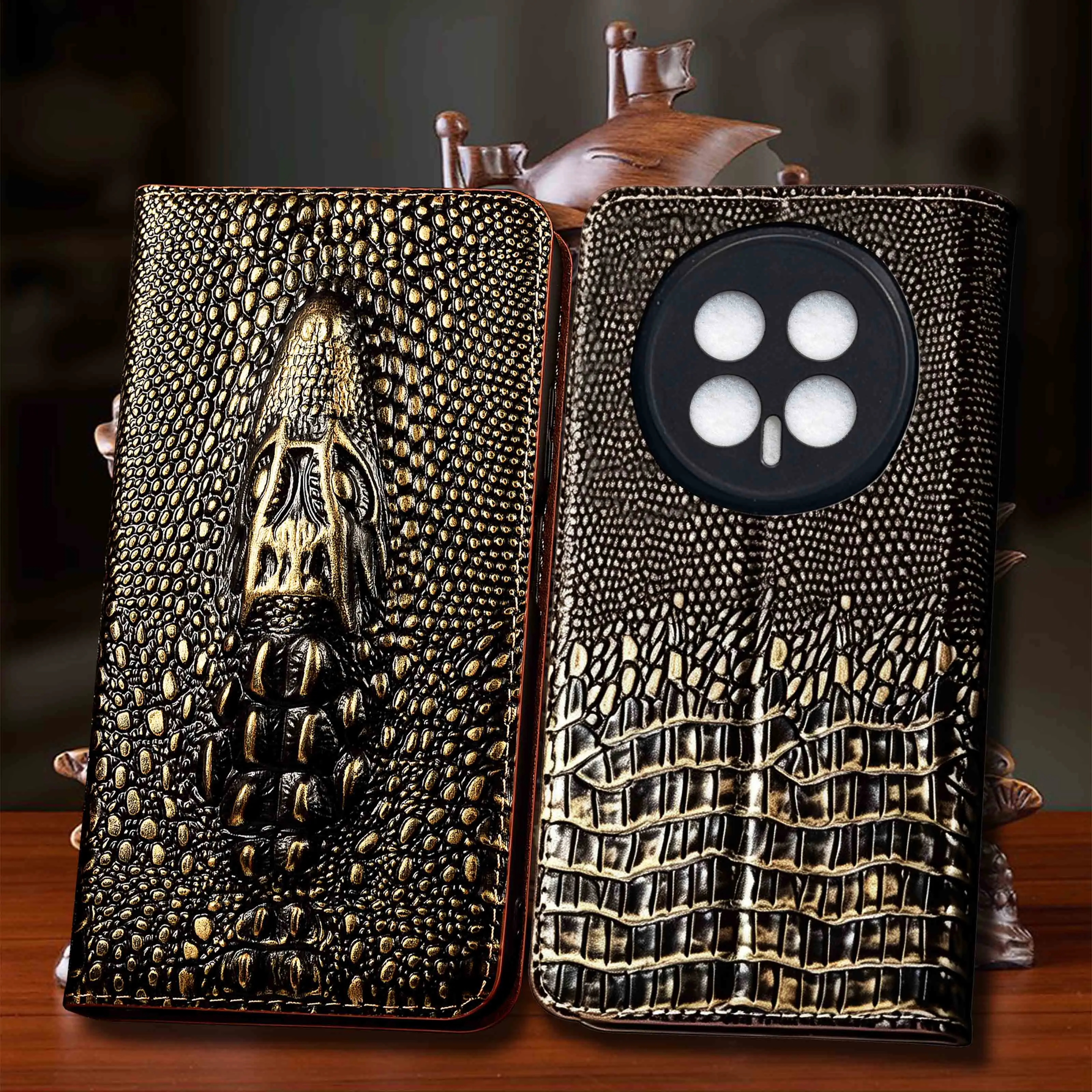 Genuine Leather Phone Case For Honor Magic 4 5 6 7 8 Pro Lite Vintage Crocodile Head Pattern Of Wallet Flip Cover Case Cowhide