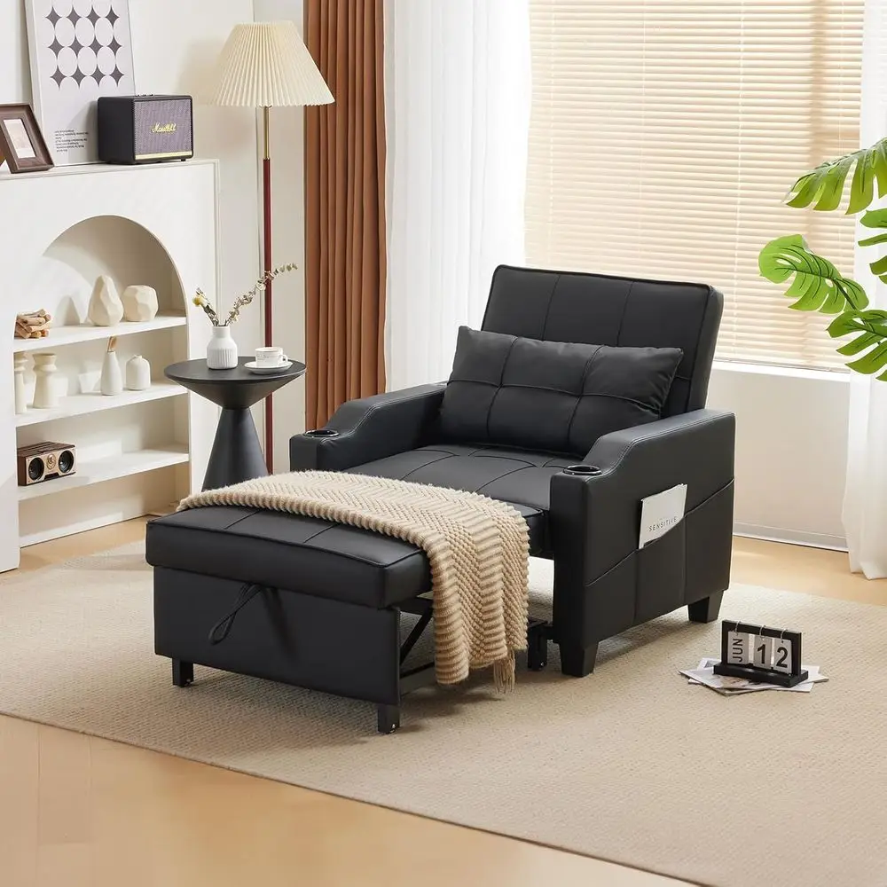 

3-in-1 Adjustable Recliner Sofa Bed with USB Ports, Cup Holders, and Side Pockets for Small Spaces, Black
