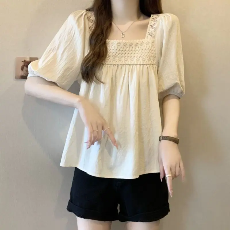 Women Summer Fashion Trend Loose Hollow Out Solid Color Square Collar Short Sleeve Shirts Women Clothes Casual All-match Tops