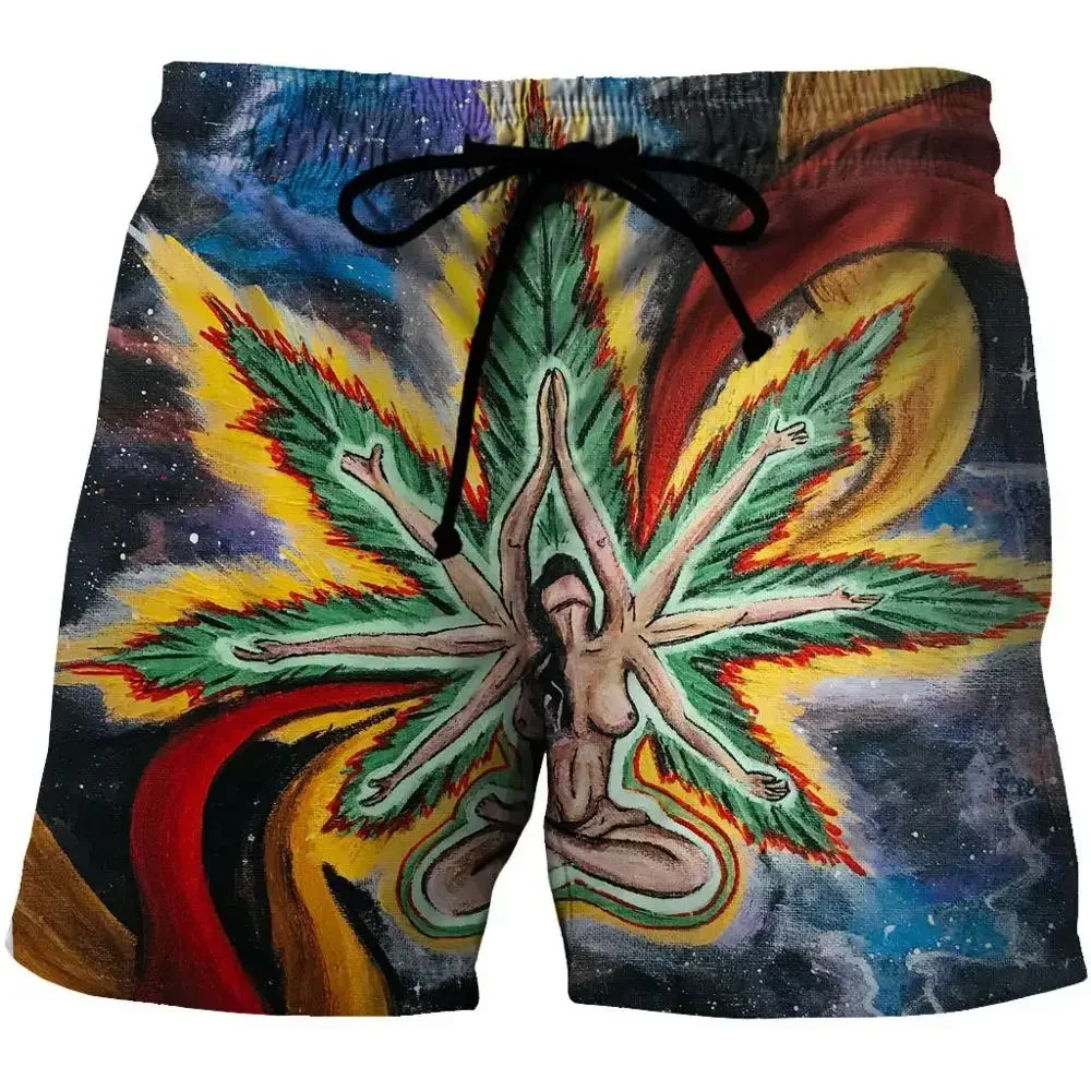 3D Print Cannabis Pattern Beach Shorts Men Summer Loose Surfing Shorts Quick Dry S-XL Swim Trunks