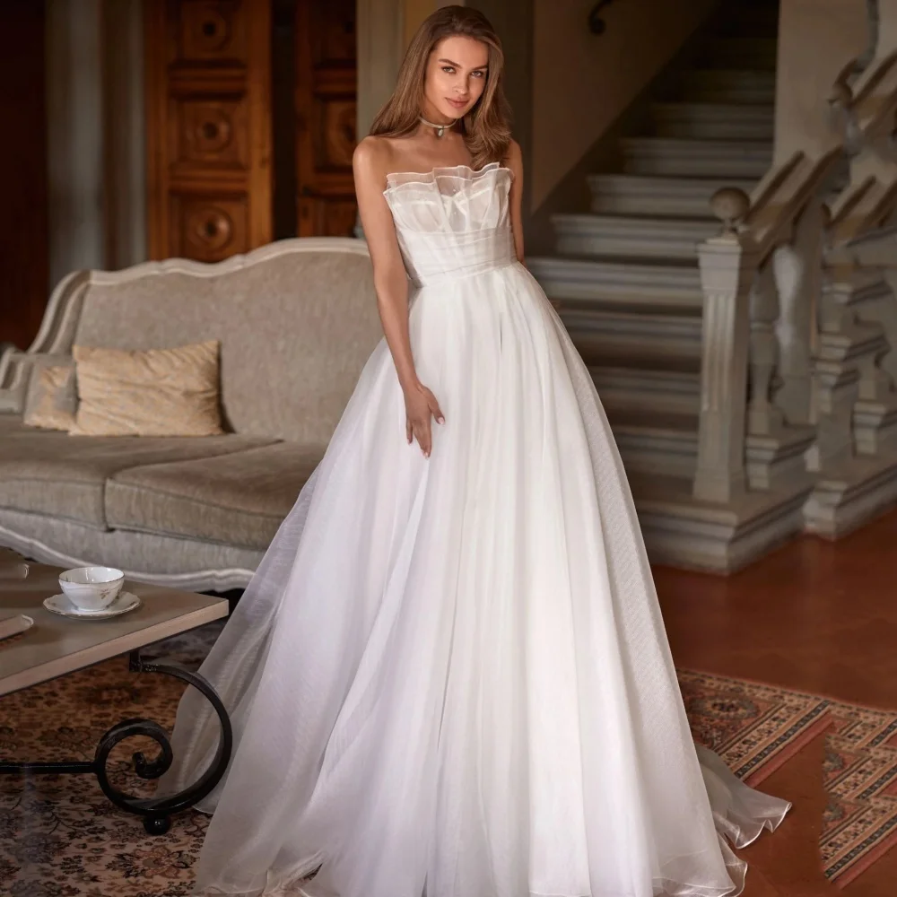 Customized Classic A Line Wedding Dresses Elegant Strapless Bride Dress Tulle Sleevless Bridal Gowns New Vestidos De Novia