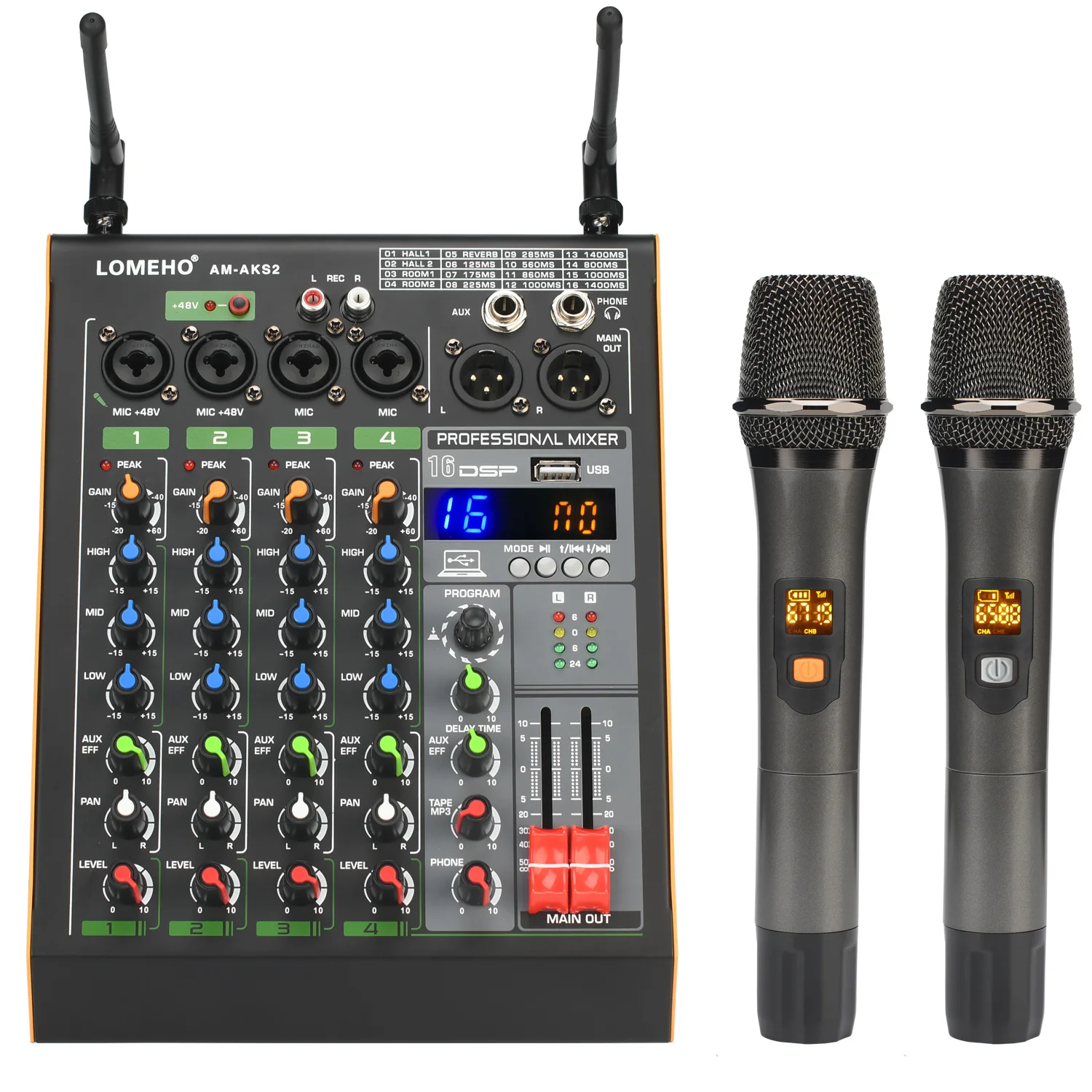 

Professional 4 Channel Audio Mixer with UHF Wireless Microphone USB Bluetooth Karaoke System Sound Mixing Console LOMEHO AM-AKS2