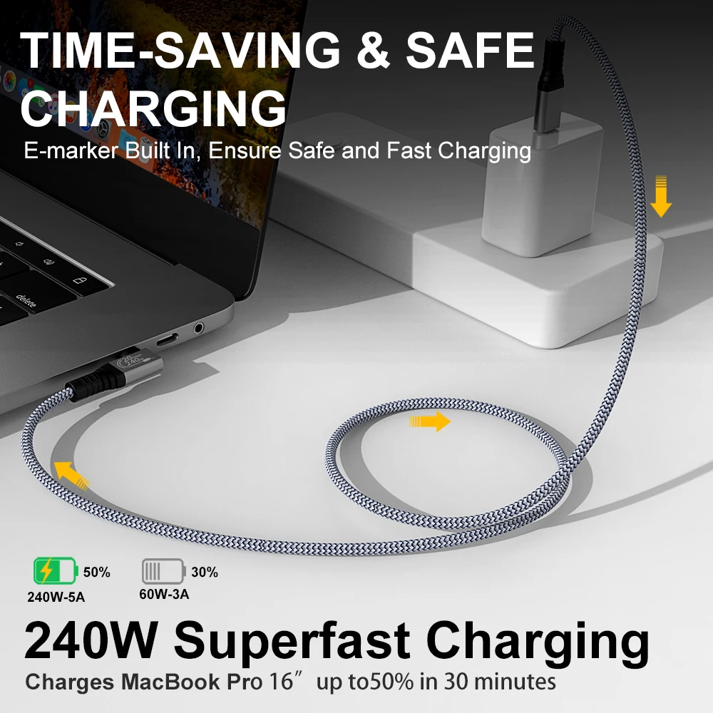 240W USB C Type-C Cable PD 5A Fast Charging Cable USB 3.2 Gen2 Charger Wire Cord For Apple Macbook Thunderbolt 20Gbps USB Cable