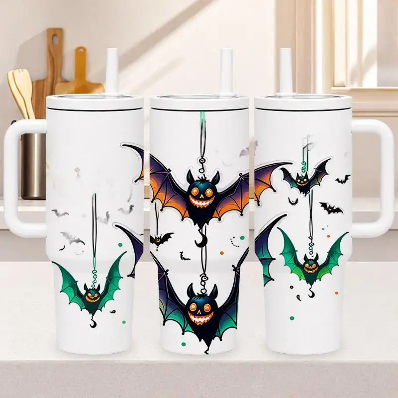 1pc 40oz 304 Stainless Steel Hand-held Cup Cute Cartoon Halloween Bat Pattern Insulated Tumbler with Handle And Straw for Home Office Travel Outdoor Suitable Gifts for Halloween Christmas And Other Special Festivals