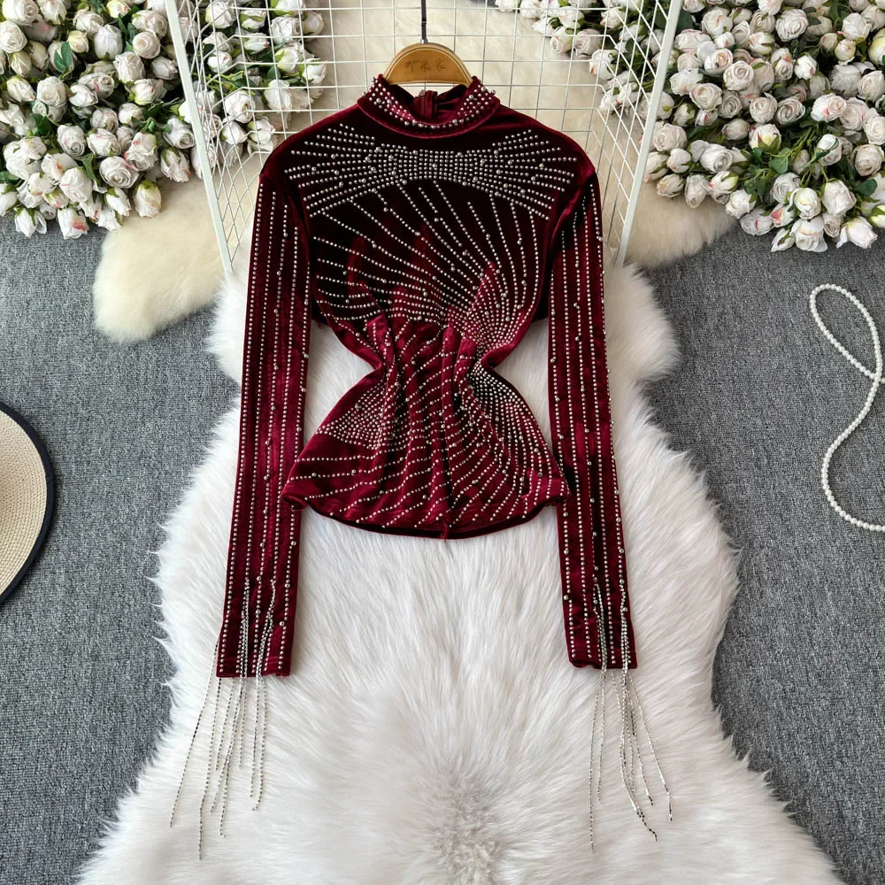 Basics Long Sleeves Vintage Turtleneck Chic Fashion Rhinestone Slim Velvet Top French Streetwear High Street Autumn Clothing