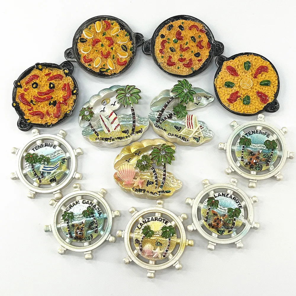 Set de Imanes 3D para Refrigerador con Paisajes Costeros y Paella Española, Recuerdo Mediterráneo de Resina, Regalo y Coleccionable