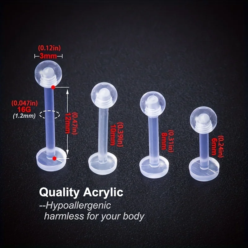10pcs Clear Acrylic Lip Stud Piercing Labret Ring Set