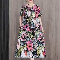 New Casual 2024 Women summer Dress Floral Print short Sleeve Vestidos Elegant Vintage O-Neck Plus size Dresses