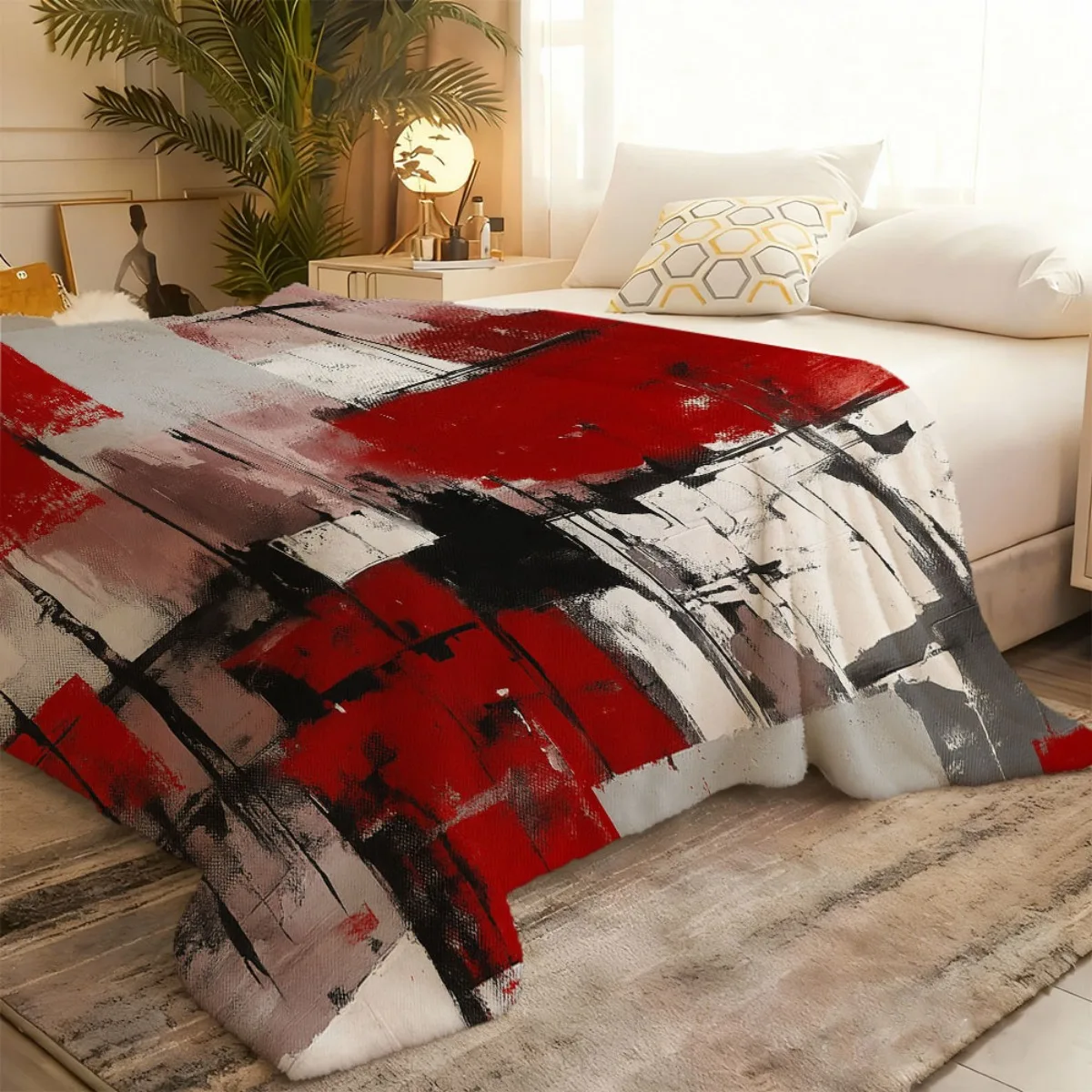 1pc Red Abstract Fleece Throw Measuring 127 Cm by 152.4 Cm, Suitable for Beds, Sofas, Or Couches, Featuring a Geometric Design f