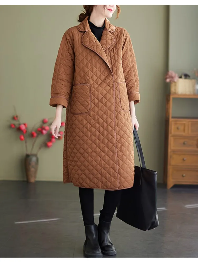 Manteau long d'hiver en coton rembourré pour femmes, vestes à carreaux à manches longues pour femmes, vestes décontractées pour femmes, mode