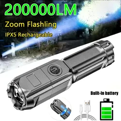 200000LM Powerful LED Flashlight USB Charging Tactical Flash Light Variable Focus Long Range Torch Outdoor Waterproof Flashlight