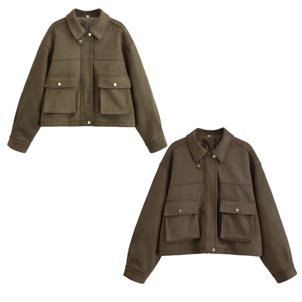 

KIDCRKJ Vintage Women Spring Bomber Jacket Solid Lapel Collar Zipper Fly Lady Suede Coat Desinged Loose Female Baeball Outwear