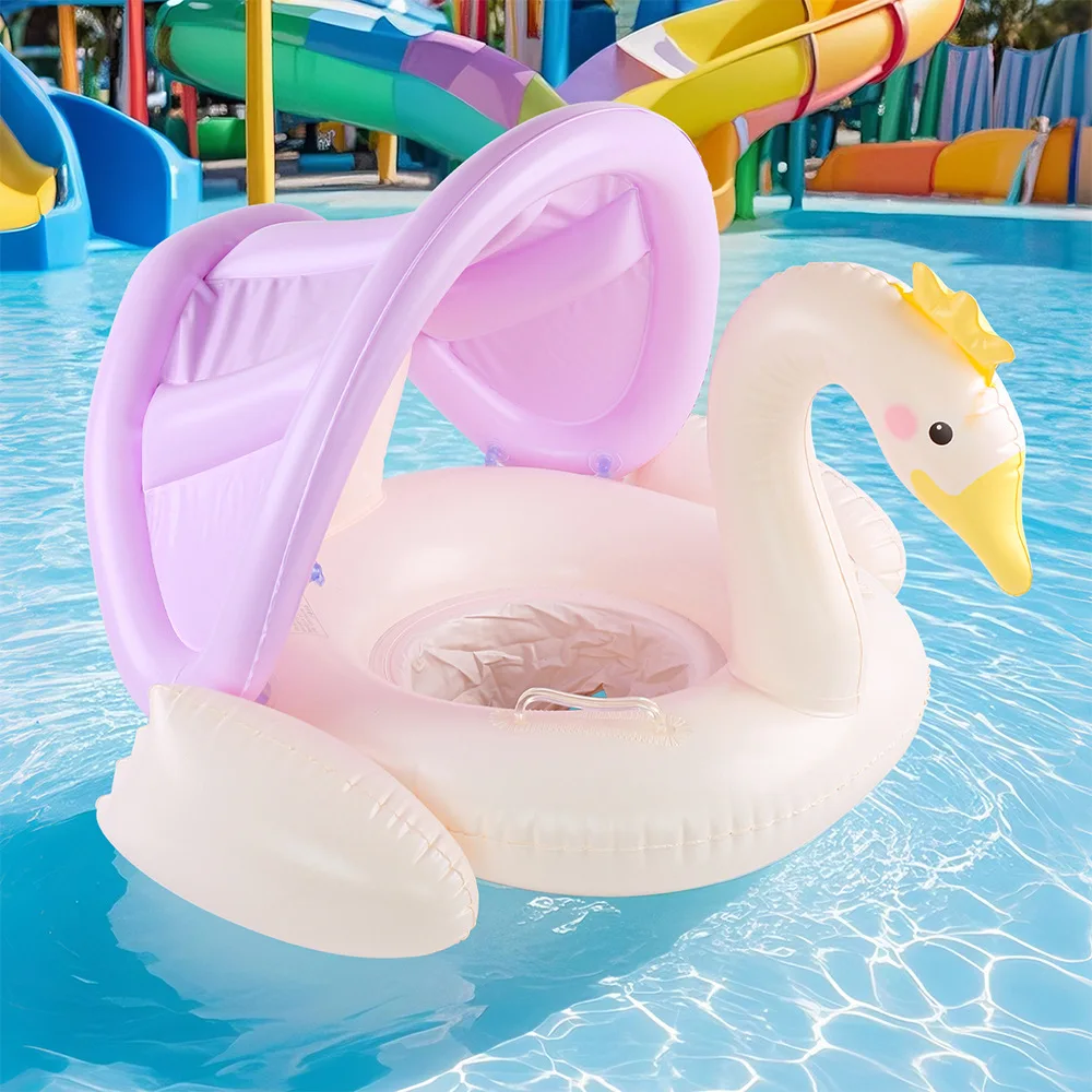 Swim Ring with Sunshade Canopy | Inflatable Swan Pool Float Protection | Deluxe Macaron Design Seat