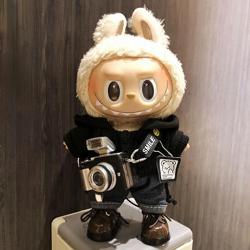 17 cm Moda Mini Labubu Vestiti Fotocamera Peluche Felpa con cappuccio Idol Dolls Tuta Abbigliamento Fan Tute Accessori per la Corea Kpop Exo