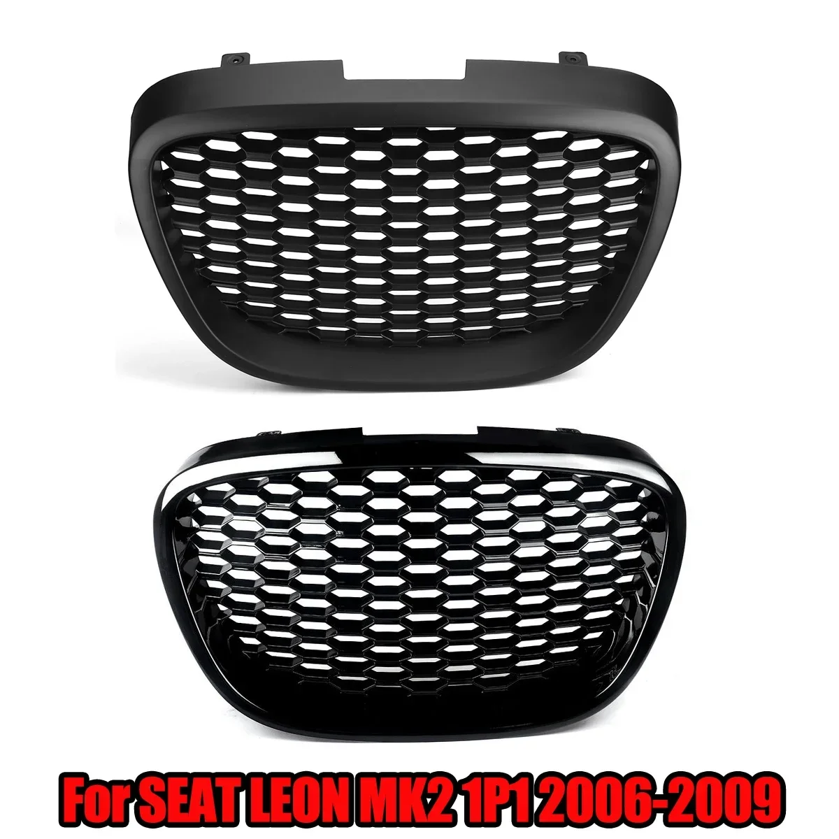 Glanz/Mattschwarz Front Honeycomb Grill Mesh Badgeless Grille für Seat Leon MK2 1P Altea Toledo Mk3 2004-2009 Frontstoßstangengrill