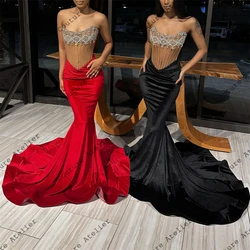 Black Red Velvet Luxury Long Prom Dresses Gowns For Black Girls 2024 Mermaid Birthday Party Dress Strapless Homecoming Gowns