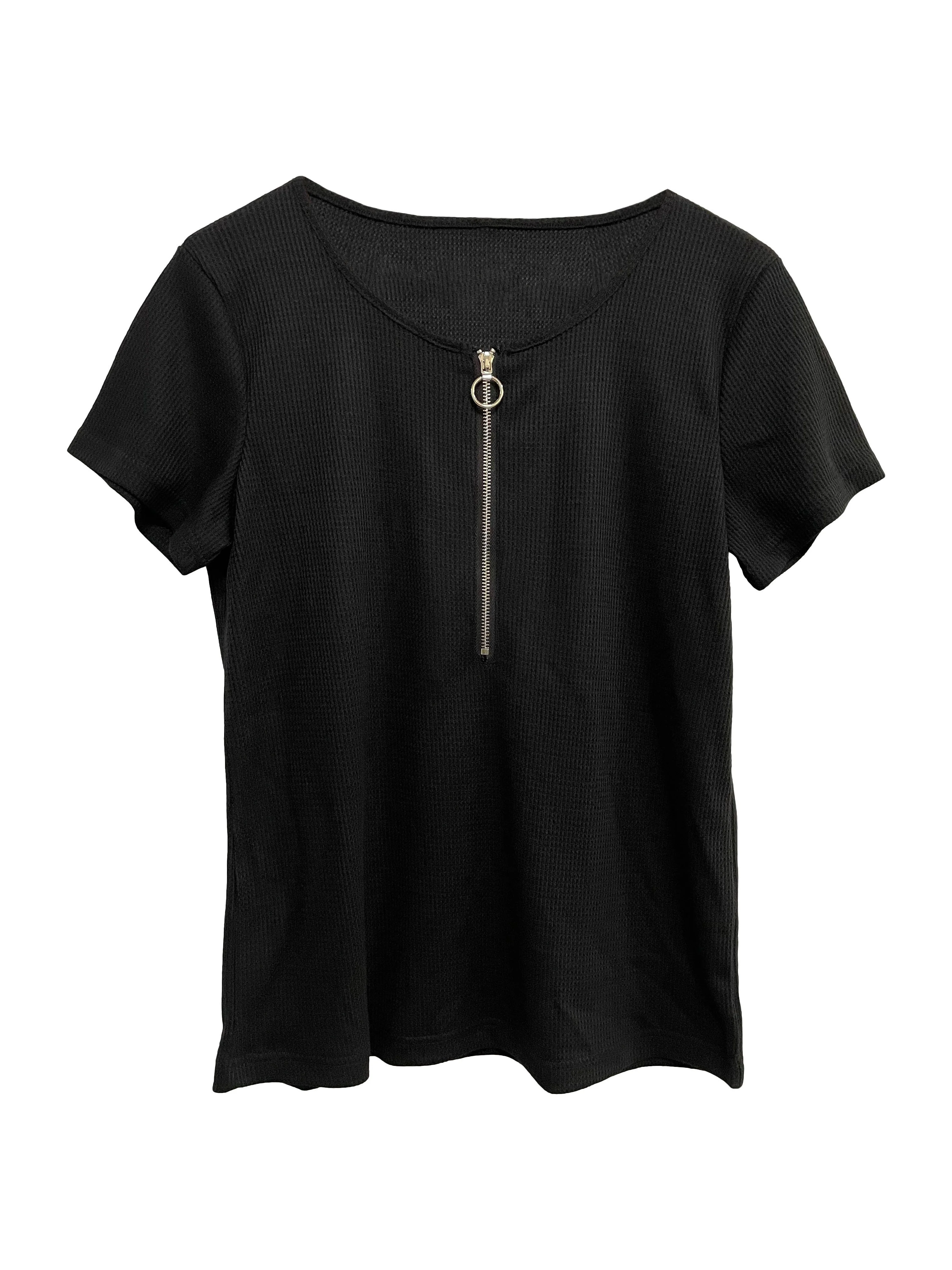 2024 Europe and the United States new spring and summer women\'s zipper Waffle short-sleeve T-shirt tops