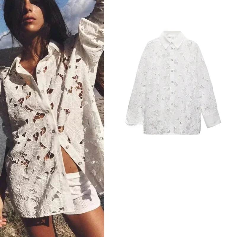 

Spring New Arrival Loose Fit Long Sve Collar Embroidered Women's irt ZA Design Sensation Hollow out Stitch Detail