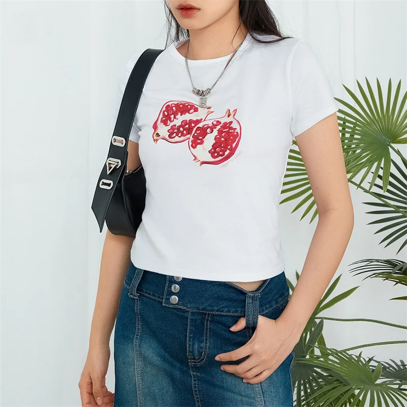 Womens Y2k Fruit Print Crop Tops Fairy Grunge Short Sleeve Crew Neck Slim Fit Baby Tee Teen Girls Cute Aesthetic Streetwear