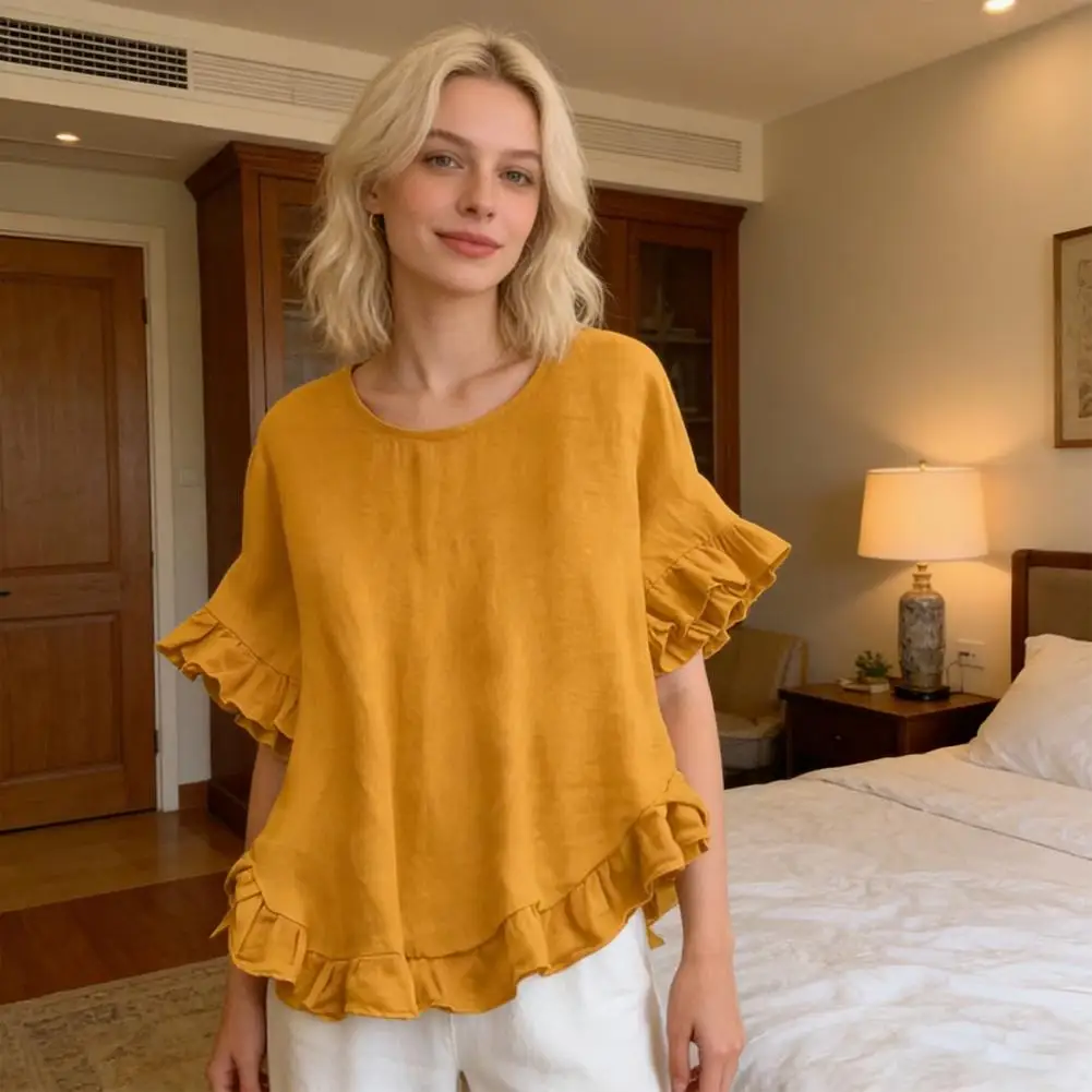 

Fashion Vintage Women Long Ruffle Sleeve Blouse Spring Cotton Linen Shirt Casual Work Blusas Mujer Solid Ruffle Hem Tops Tunic