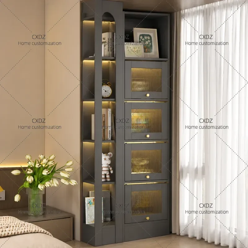Custom Solid Wood Bay Window Cabinet Bookshelf Balcony Floor to Ceiling Sunscreen Storage Locker for Bedroom Window Sill