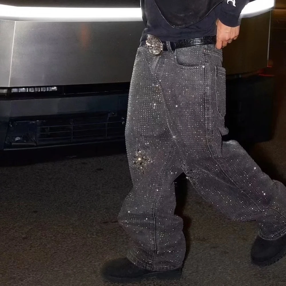 

Full Rhinestone Shinning Diamond Baggy Jeans Pants for Men Straight Hip Hop Washed Vintage Loose Denim Trousers Oversized