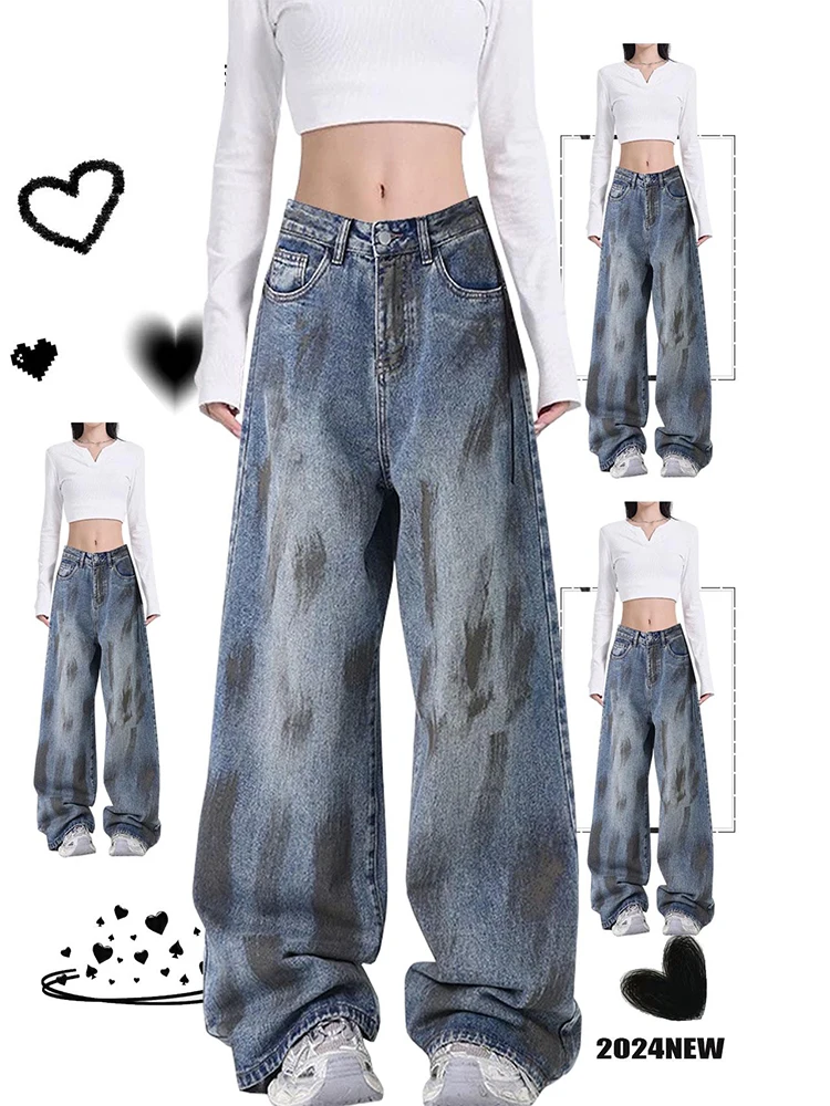 

Women's Blue Y2k Jeans Harajuku Japanese 2000s Style Aesthetic Streetwear Baggy Denim Trousers Jean Pants Vintage Trashy Clothes