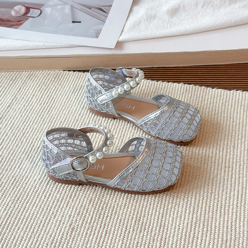 New Girls Lolita Sandals Summer Lace Children's Mesh Shoes for Princess Elegant Pearl Kids Flat Sandals Lightweight Breathable