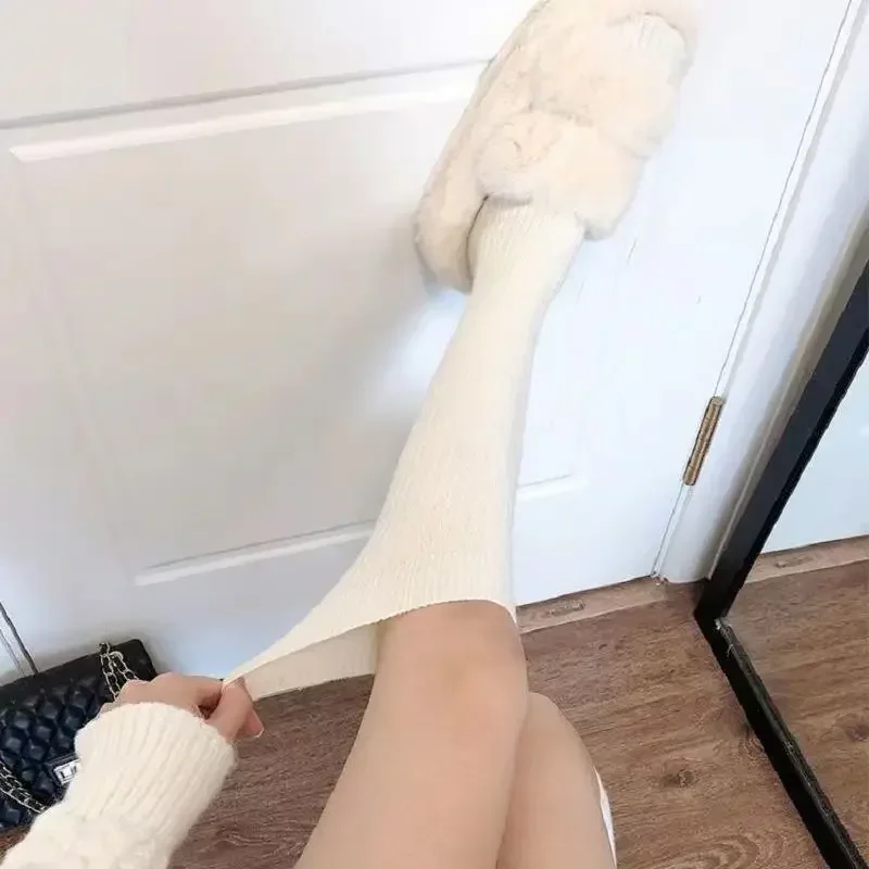 Casual Women Long Socks Cashmere Women Boot Solid Wool Thigh Stocking Skinny Cotton Over Knee-High Fluffy Female Long Knee Sock