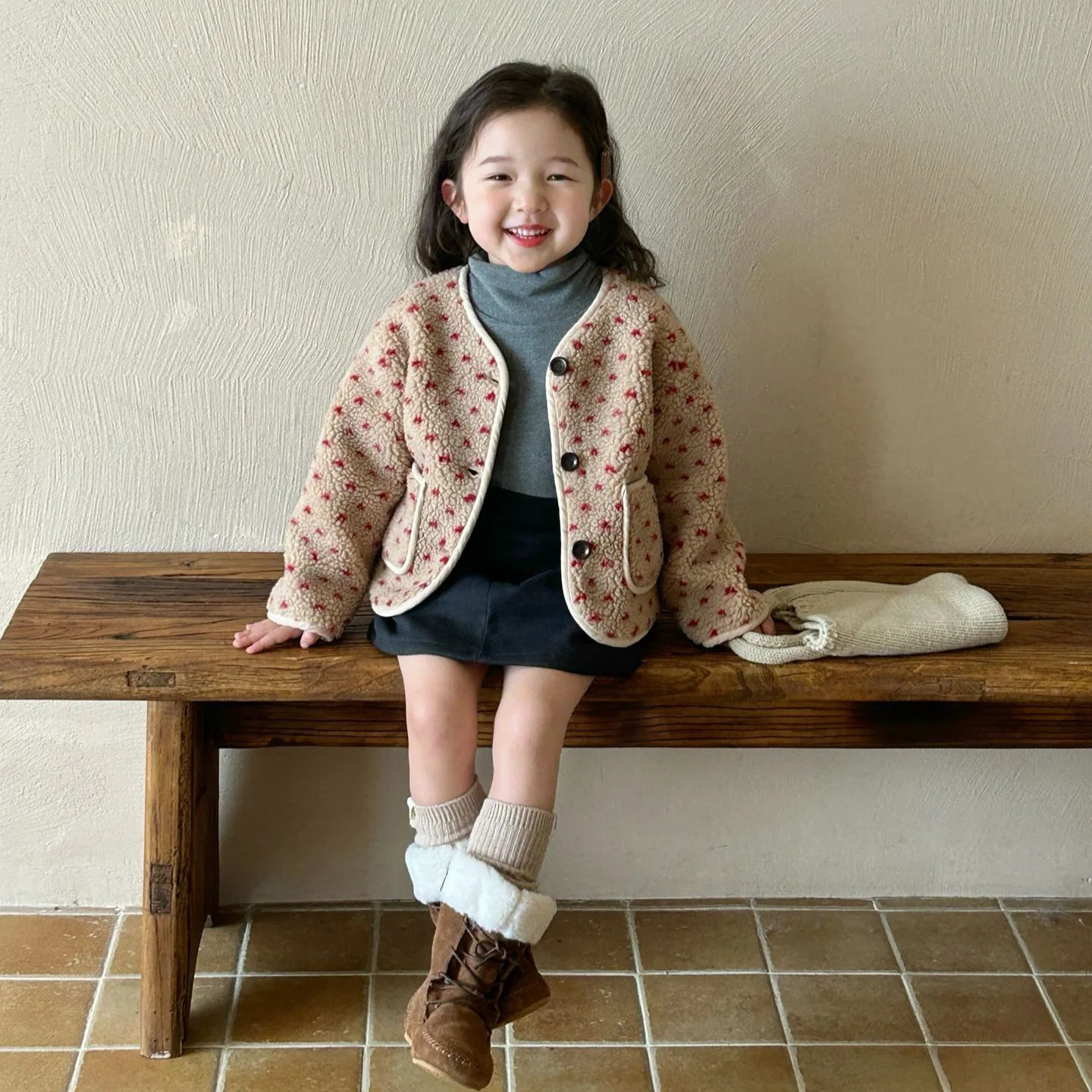 2025 Winter Korea New Style Imitation Lambswool Jacket Fashion and Warm Thick Coat Grey Short Skirt Kids Clothes