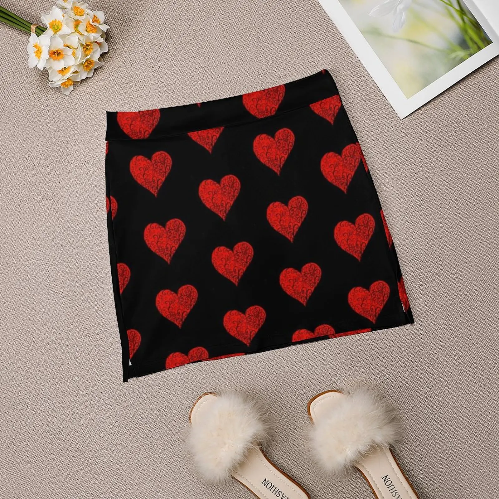 Red Heart With Black Swirls Women\'s skirt With Hide Pocket Tennis Skirt Golf Skirts Badminton Skirts Running skirts Red Red