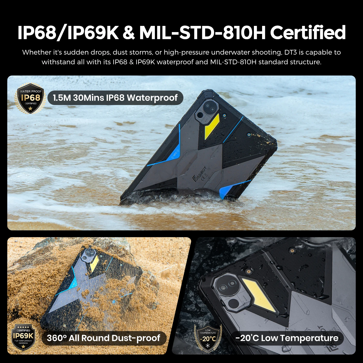 Прочный планшет FOSSiBOT DT3 5G, планшет Android 15, до 32 ГБ + 256 ГБ ПЗУ, быстрая зарядка 66 Вт, дисплей 10,4 дюйма, аккумулятор 2160 мАч, NFC FaceID