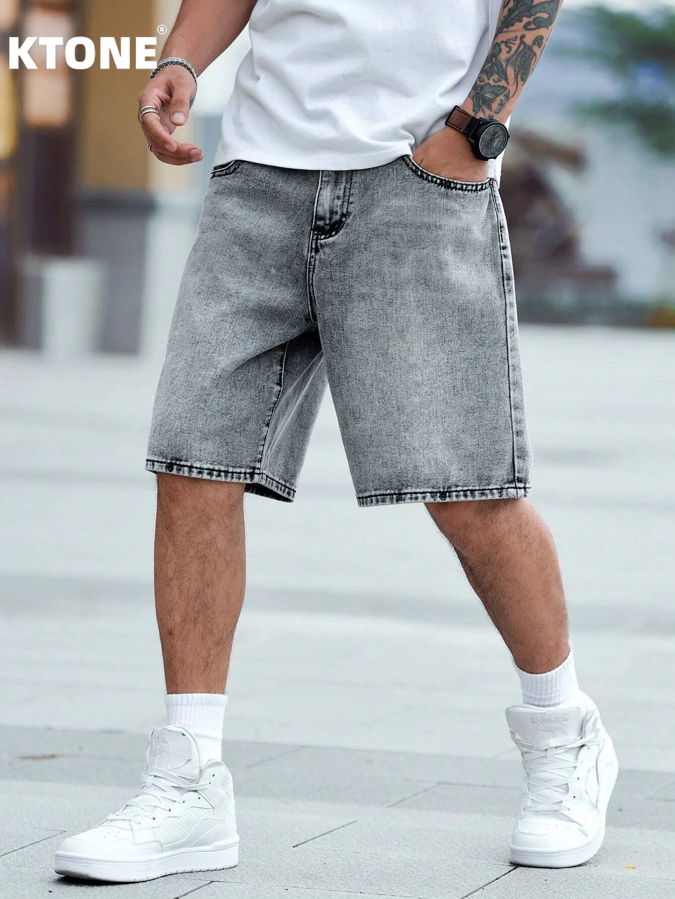 Classic casual denim jorts for men loose straight leg style no elastic fabric simple solid color black gray light hue short pant
