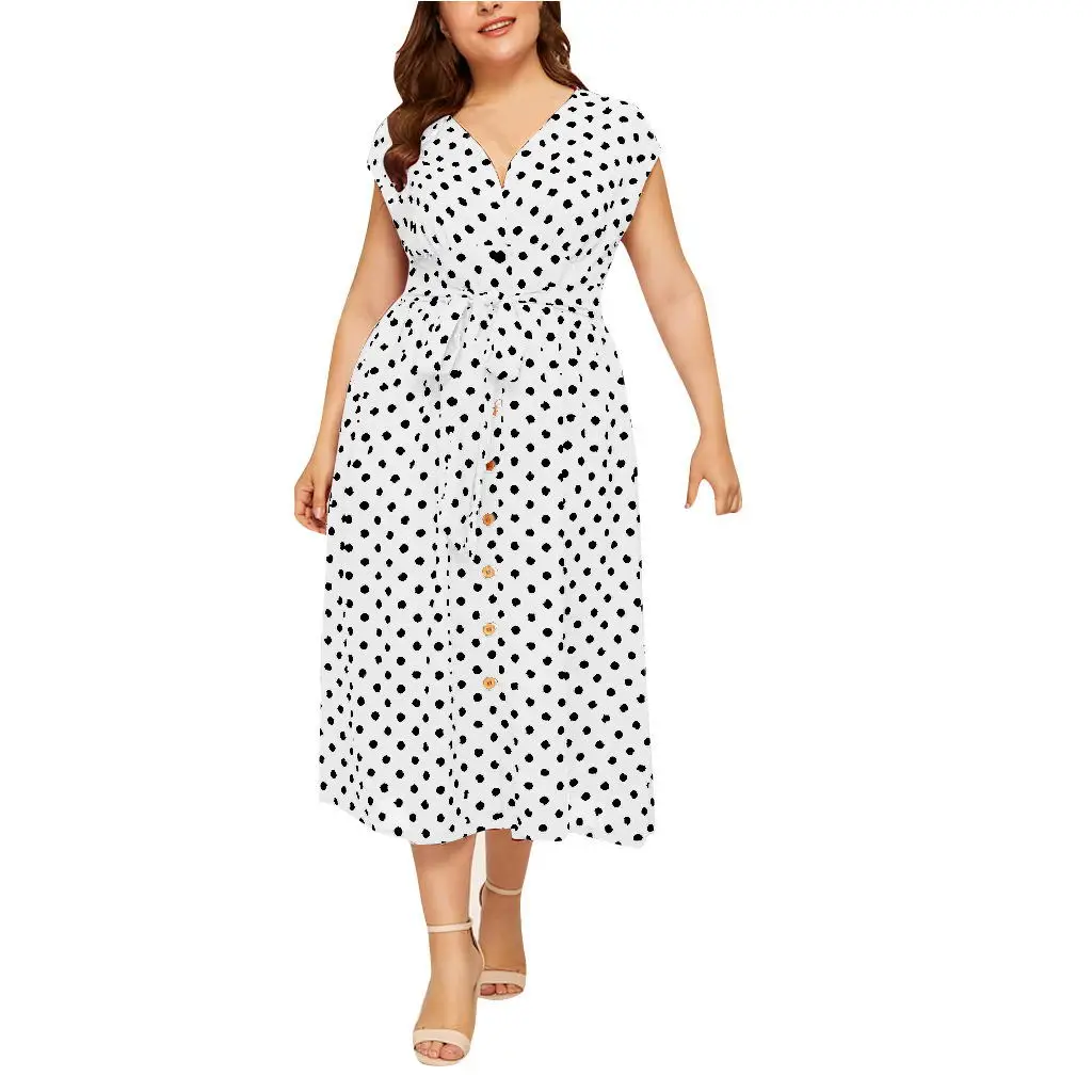 Women Plus Dress Polka Dot Dress Plus Size Waist Belt Dress V Neck Short Sleeves Wrap Boho A-line Casual Dresses for Summer