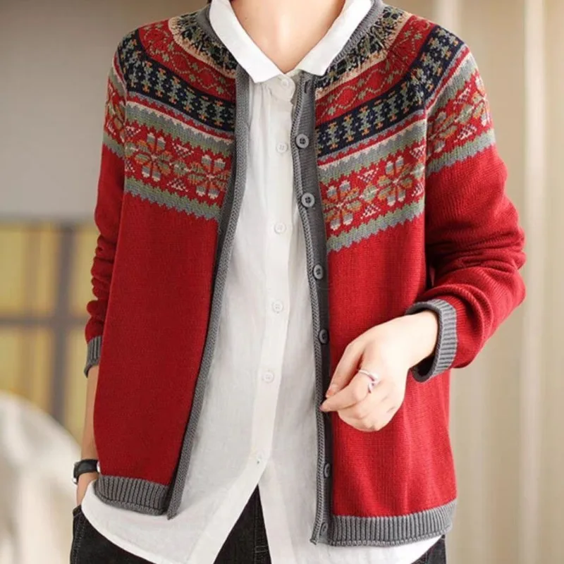 Women Vintage Ethnic Style Jacquard Single Breasted Knitted Cardigan Autumn Female Casual O Neck Long Sleeve Loose Sweater Coat