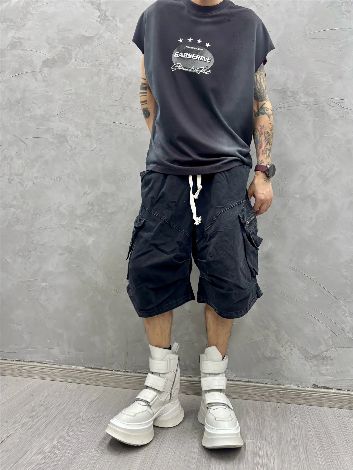 Design Sense Washed-out Vintage Stand Cut Stitching Workwear Shorts Personality Wide-Leg Half Pants Trendy All-Matching Bermuda
