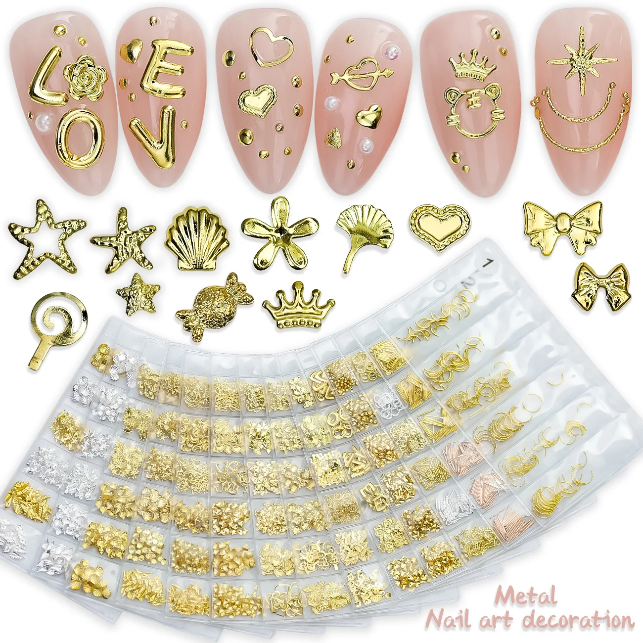 

1 Pack Mixed Design Gold Metal Rivets Nail Art Studs Charms Accessories Moon Stars Bow Bending Line Design Manicure Supplies Set