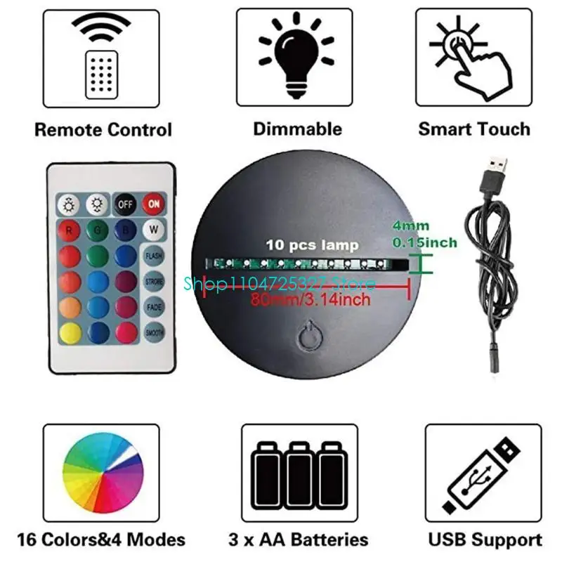 D8KF 4Pc Night LED Light Lamp Base Remote Control USB Cable Adjustable 7 Colors Decorative Lights for Room Restaurant Officce