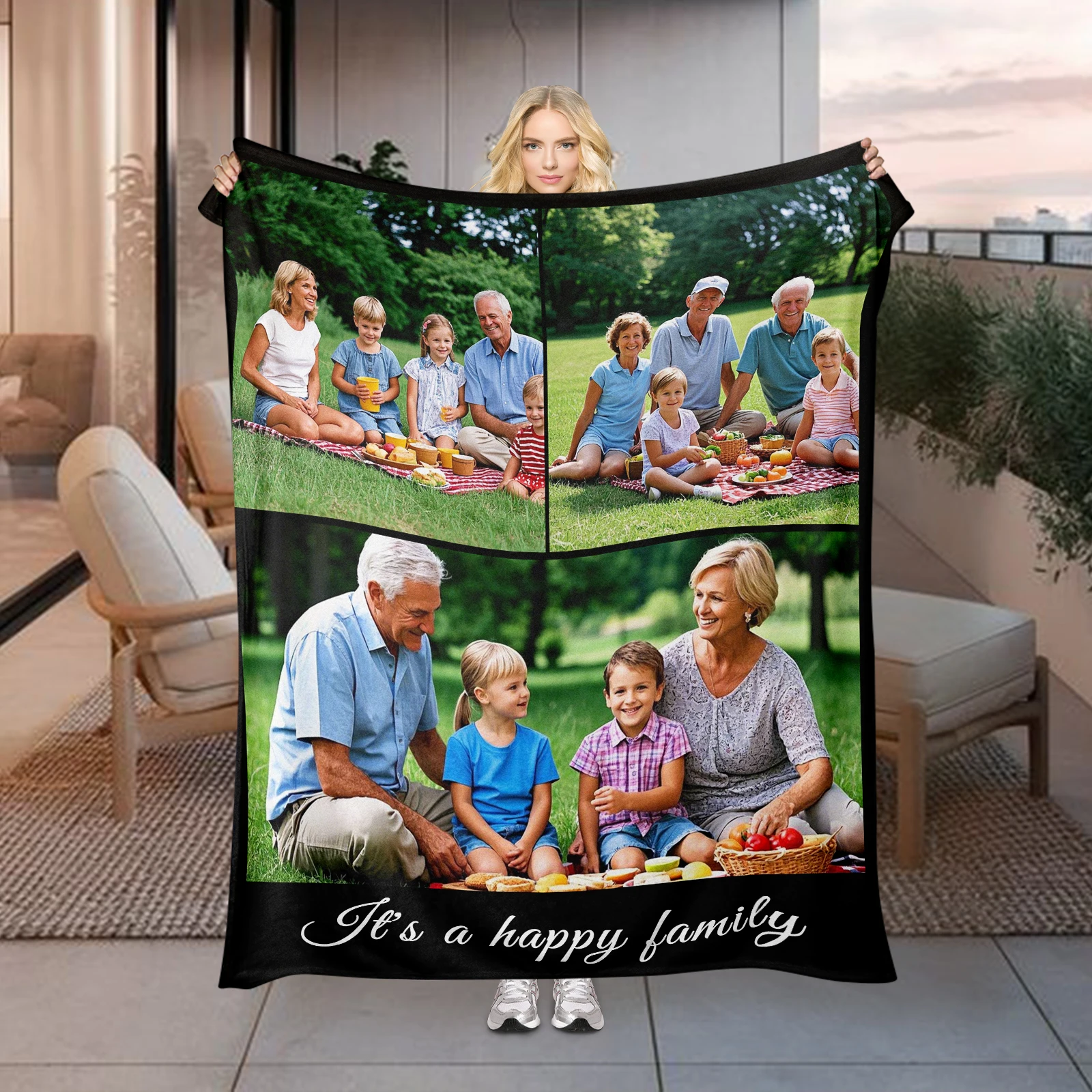 

Spring Picnic Camping Customized Blankets Happy Family Home Decoration Painting Group Photo Suitable for Living Room Bedroom