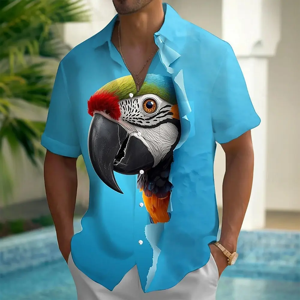 

Men's Optical Illusion Bird Parrot Summer Hawaiian Shirt Button Up Shirt Front One Pocket Short Sleeve Casual Vacation wear