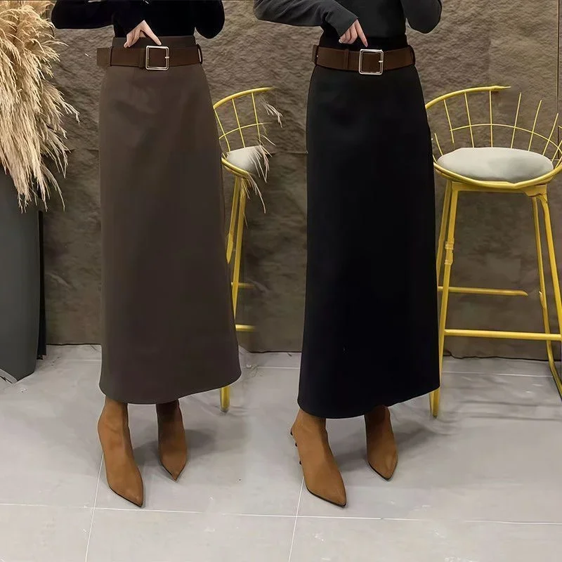 

New Fashion Straight Skirt Women Elegant High Waist Solid Color Office Lady Long Skirts with Belt Autumn Jupe