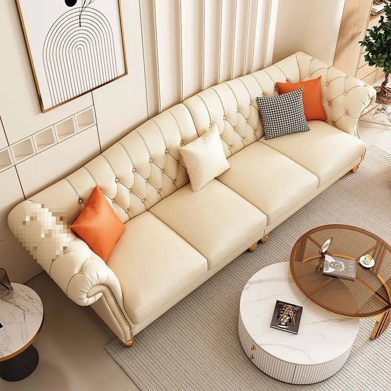 Real cowhide sofa solid wood buckle straight row furniture living room villa size apartment