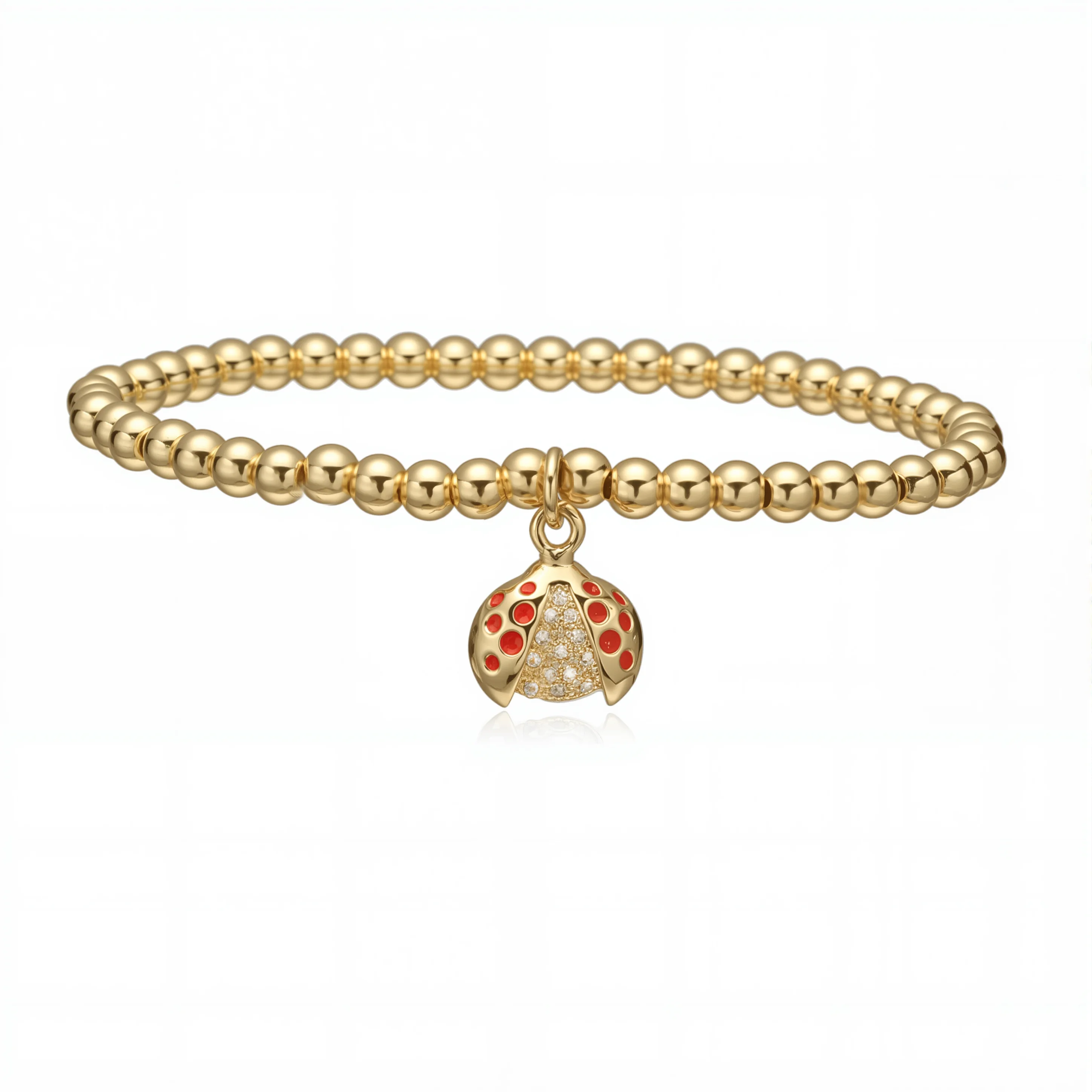 NEWBUY 2025 Fashion Gold Color Copper Beads Jewelry White/Red Enamel Ladybug Charm Bracelets For Women